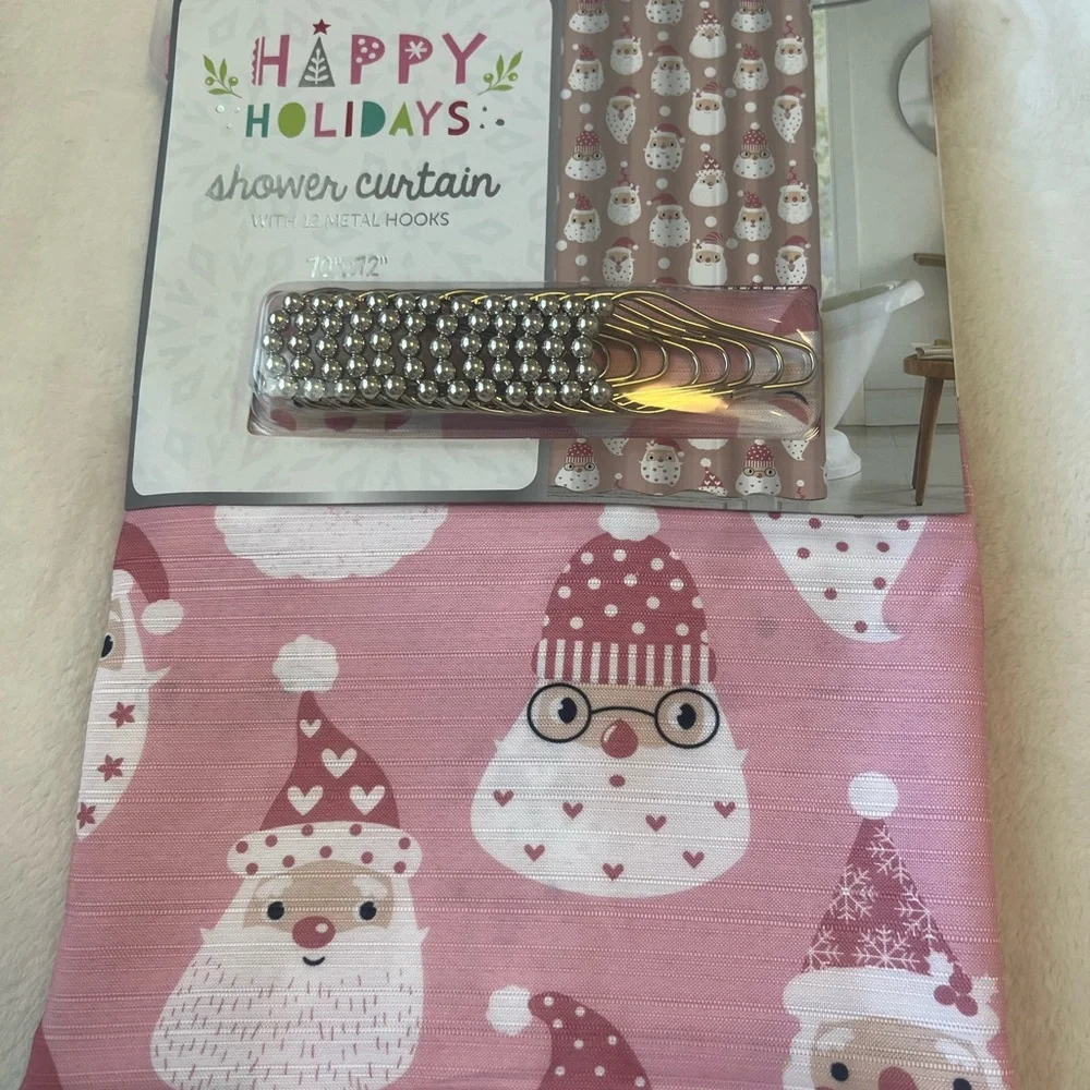 Pink Santa Shower Curtain with Metal Hooks